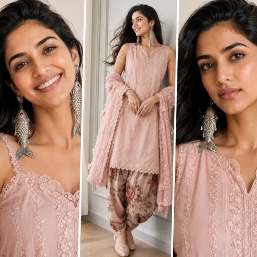 Beautiful girl wearing stylish traditional Pakistani salwar suit generated with AI fashion photography prompt