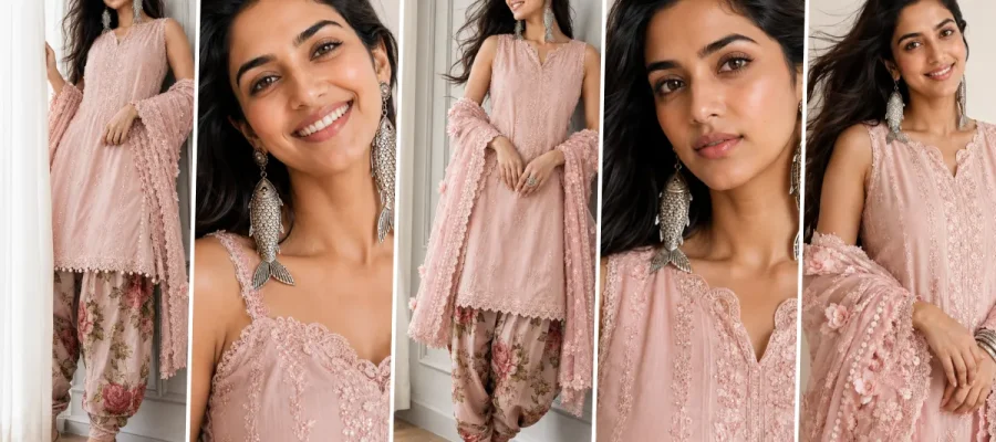 Beautiful girl wearing stylish traditional Pakistani salwar suit generated with AI fashion photography prompt