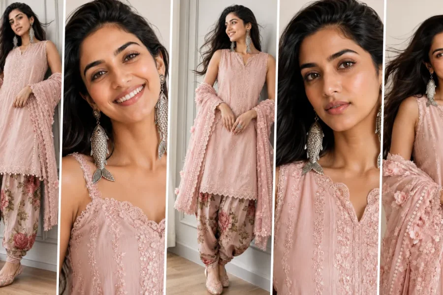 Beautiful girl wearing stylish traditional Pakistani salwar suit generated with AI fashion photography prompt