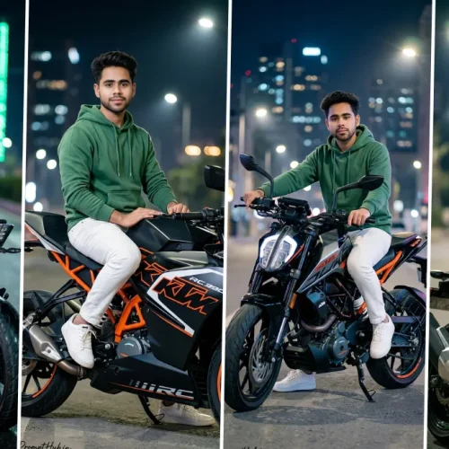 Ultra realistic AI biker photoshoot with sports bike in night city lights cinematic portrait style