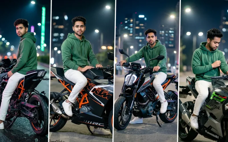 Ultra realistic AI biker photoshoot with sports bike in night city lights cinematic portrait style