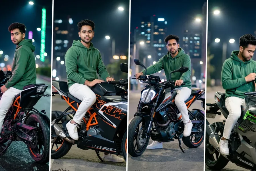Ultra realistic AI biker photoshoot with sports bike in night city lights cinematic portrait style