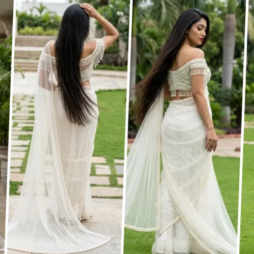 Beautiful woman wearing a luxurious white designer saree posing outdoors in a garden with elegant ethnic styling, created using an ultra-realistic AI photography prompt.