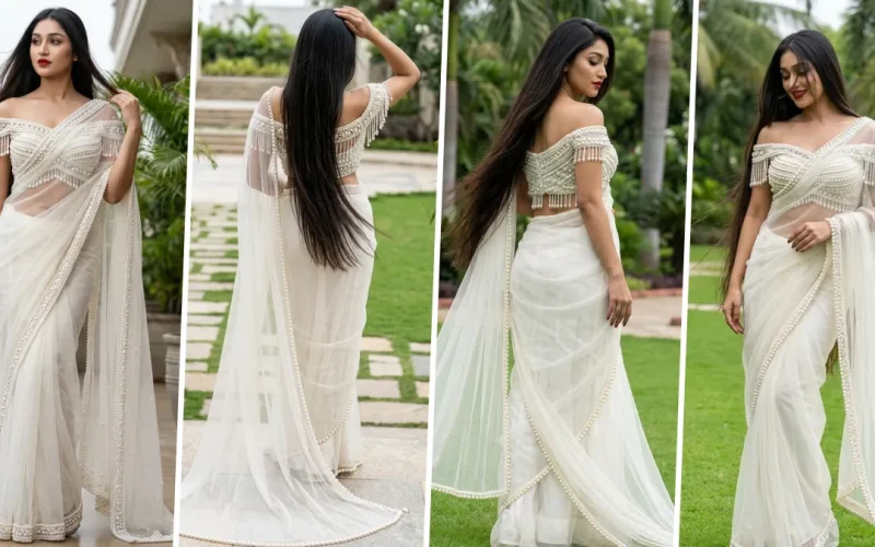 Beautiful woman wearing a luxurious white designer saree posing outdoors in a garden with elegant ethnic styling, created using an ultra-realistic AI photography prompt.