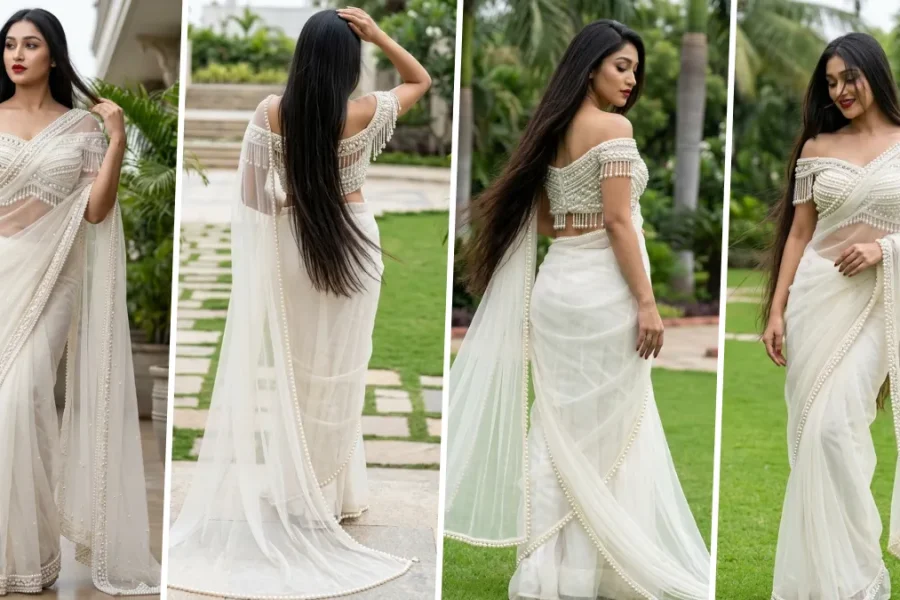 Beautiful woman wearing a luxurious white designer saree posing outdoors in a garden with elegant ethnic styling, created using an ultra-realistic AI photography prompt.