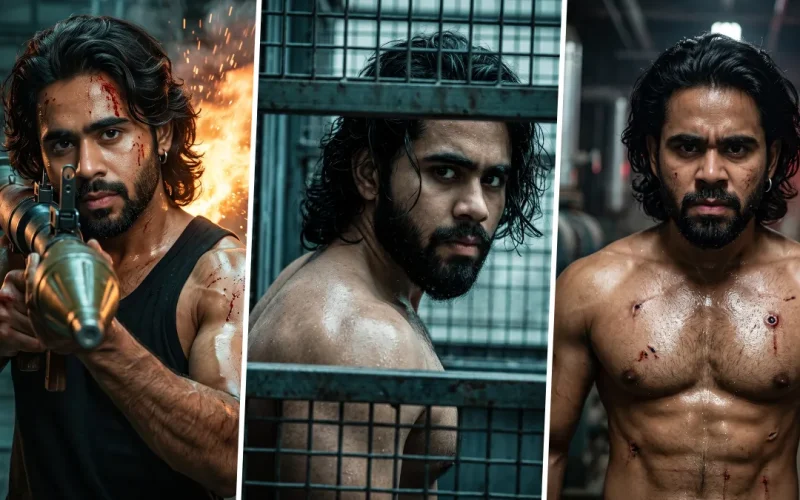 Cinematic action AI photo editing prompts for men featuring ultra realistic male action portraits