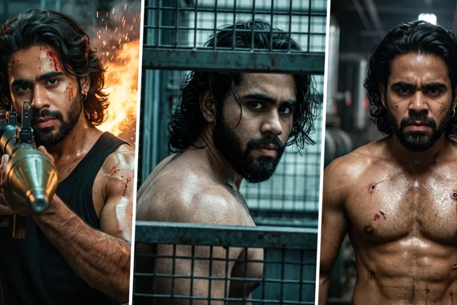 Cinematic action AI photo editing prompts for men featuring ultra realistic male action portraits
