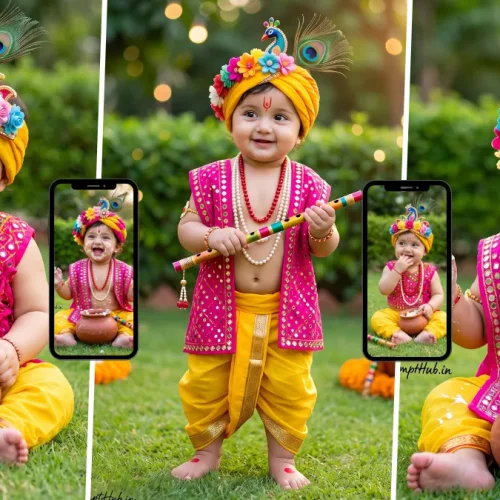 Cute Baby Krishna wearing a peacock feather crown and holding a butter matki in a festive garden setting