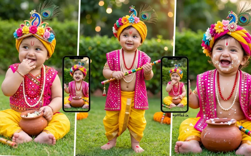 Cute Baby Krishna wearing a peacock feather crown and holding a butter matki in a festive garden setting