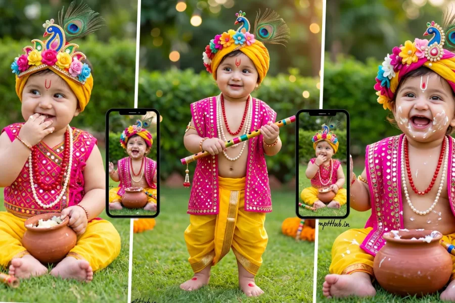 Cute Baby Krishna wearing a peacock feather crown and holding a butter matki in a festive garden setting