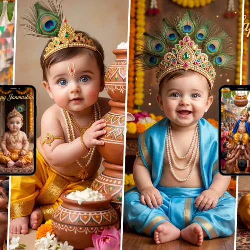 Cute baby Krishna AI image prompts for Janmashtami featuring traditional clothing, peacock feathers and decorated matki