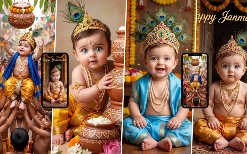 Cute baby Krishna AI image prompts for Janmashtami featuring traditional clothing, peacock feathers and decorated matki