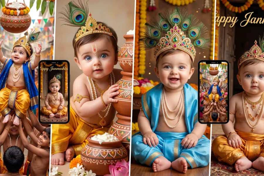 Cute baby Krishna AI image prompts for Janmashtami featuring traditional clothing, peacock feathers and decorated matki