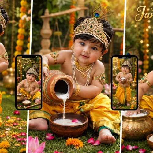 Cute Baby Krishna wearing a peacock feather crown and holding a butter pot, created with an AI image prompt