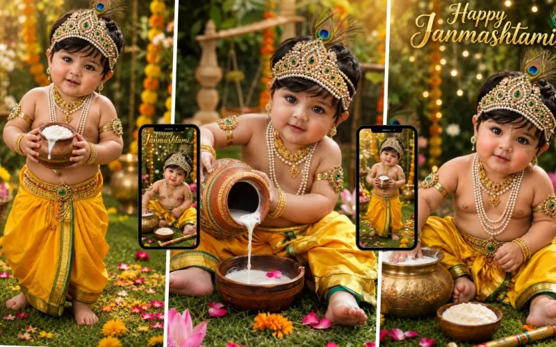 Cute Baby Krishna wearing a peacock feather crown and holding a butter pot, created with an AI image prompt