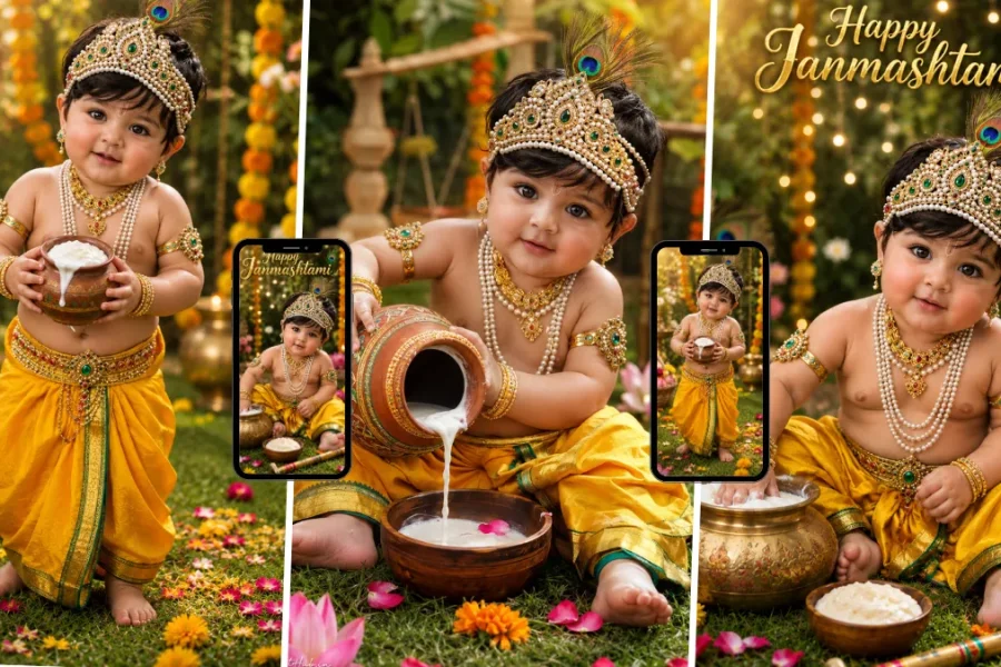 Cute Baby Krishna wearing a peacock feather crown and holding a butter pot, created with an AI image prompt