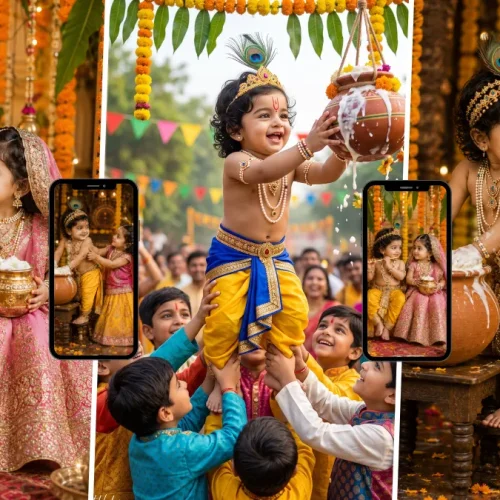 Cute Baby Krishna and Radha-inspired children celebrating Janmashtami with Dahi Handi, peacock feathers and traditional festive outfits
