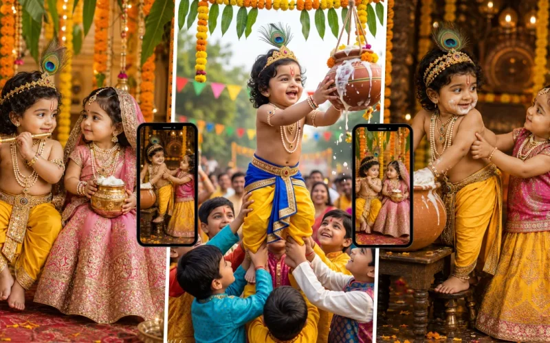 Cute Baby Krishna and Radha-inspired children celebrating Janmashtami with Dahi Handi, peacock feathers and traditional festive outfits