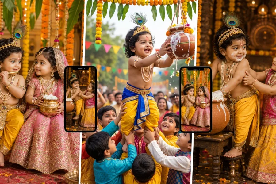 Cute Baby Krishna and Radha-inspired children celebrating Janmashtami with Dahi Handi, peacock feathers and traditional festive outfits