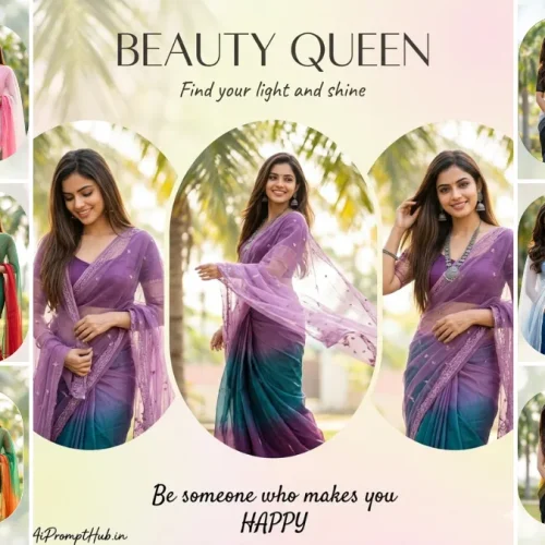 Beautiful Indian woman in colorful saree posing in cinematic outdoor photoshoot collage with soft lighting and aesthetic background