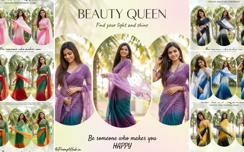 Beautiful Indian woman in colorful saree posing in cinematic outdoor photoshoot collage with soft lighting and aesthetic background