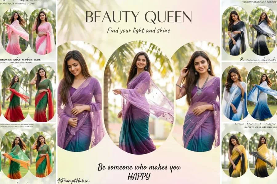 Beautiful Indian woman in colorful saree posing in cinematic outdoor photoshoot collage with soft lighting and aesthetic background