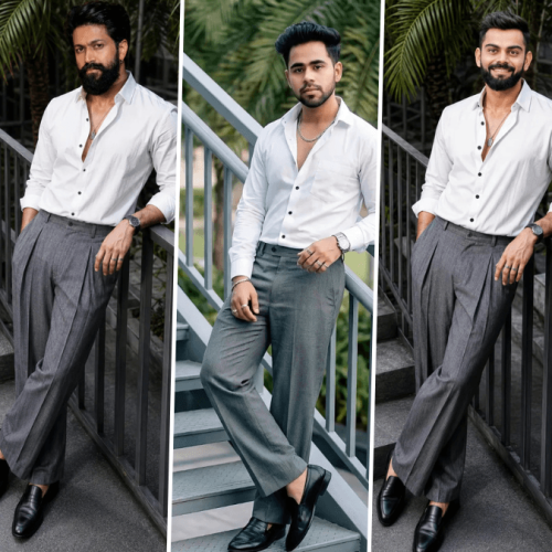 Stylish male fashion model in white shirt and grey trousers generated using AI photography prompt