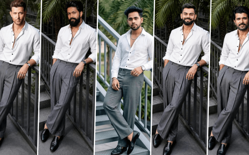 Stylish male fashion model in white shirt and grey trousers generated using AI photography prompt