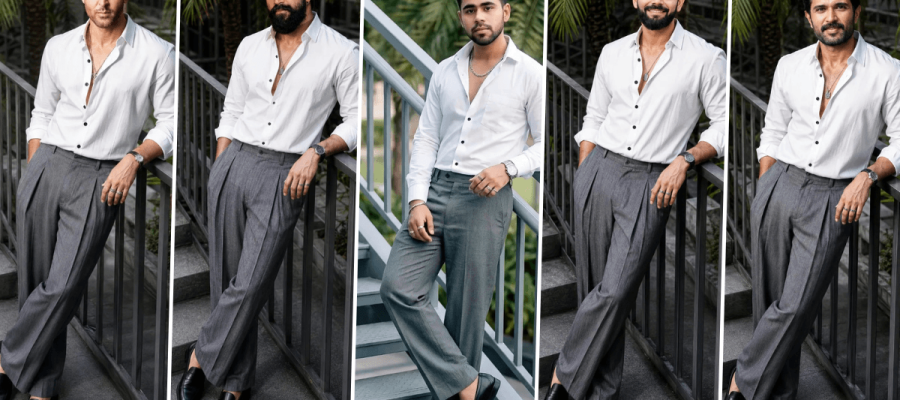 Stylish male fashion model in white shirt and grey trousers generated using AI photography prompt
