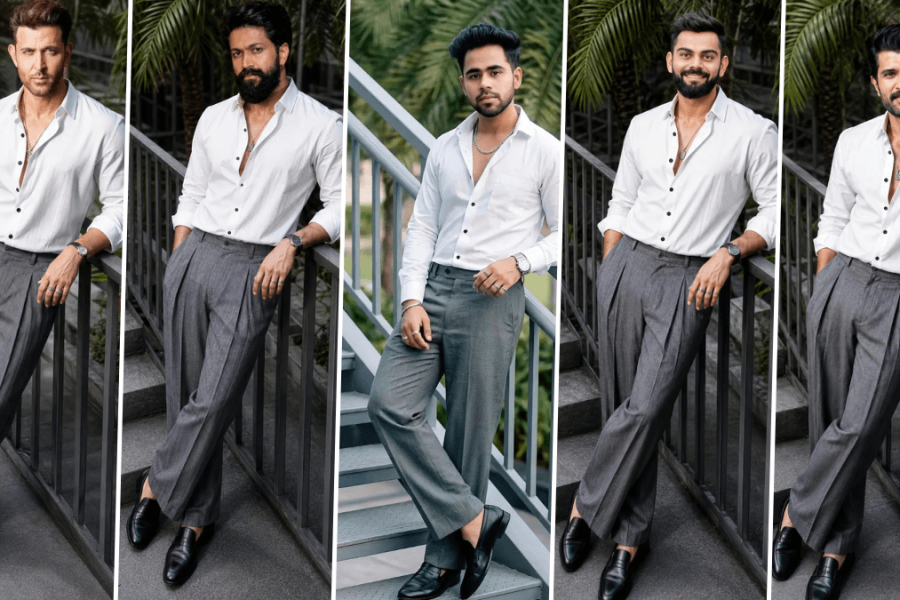 Stylish male fashion model in white shirt and grey trousers generated using AI photography prompt