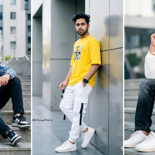 A three-image collage showing a young Indian man in various urban street style outfits, illustrating realistic male fashion photography generated with AI prompts.
