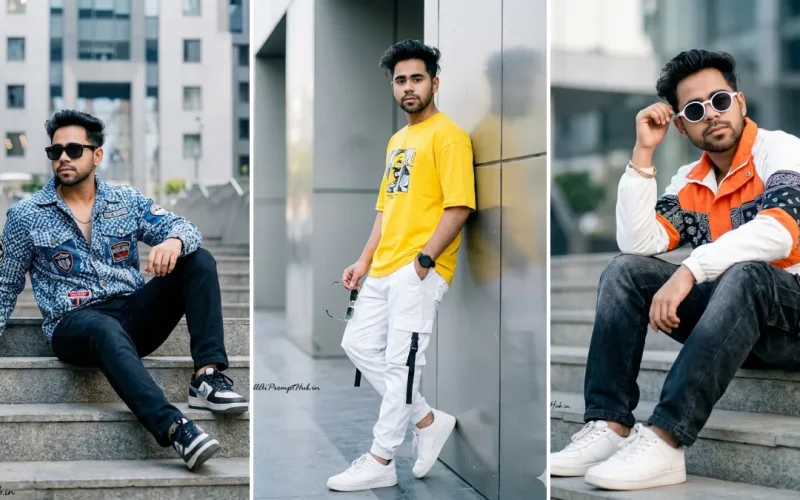A three-image collage showing a young Indian man in various urban street style outfits, illustrating realistic male fashion photography generated with AI prompts.