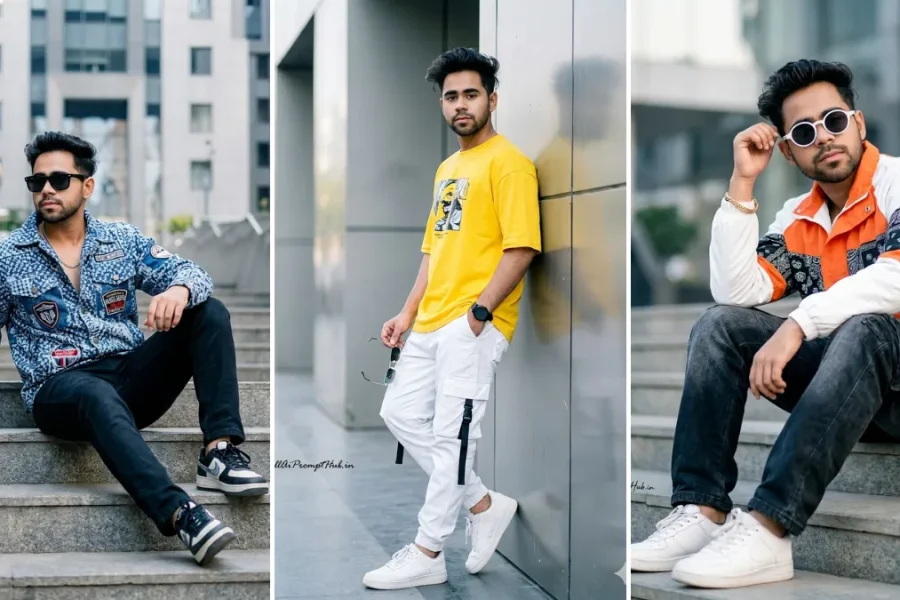 A three-image collage showing a young Indian man in various urban street style outfits, illustrating realistic male fashion photography generated with AI prompts.
