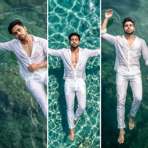 A five-panel cinematic collage featuring a young man with short dark hair in an all-white linen shirt and trousers, floating peacefully face-up in clear turquoise ocean water with light refracting ripples, striking varied relaxed poses with arms out or near his chest, illustrating realistic male model AI prompts on All AI Prompt Hub.