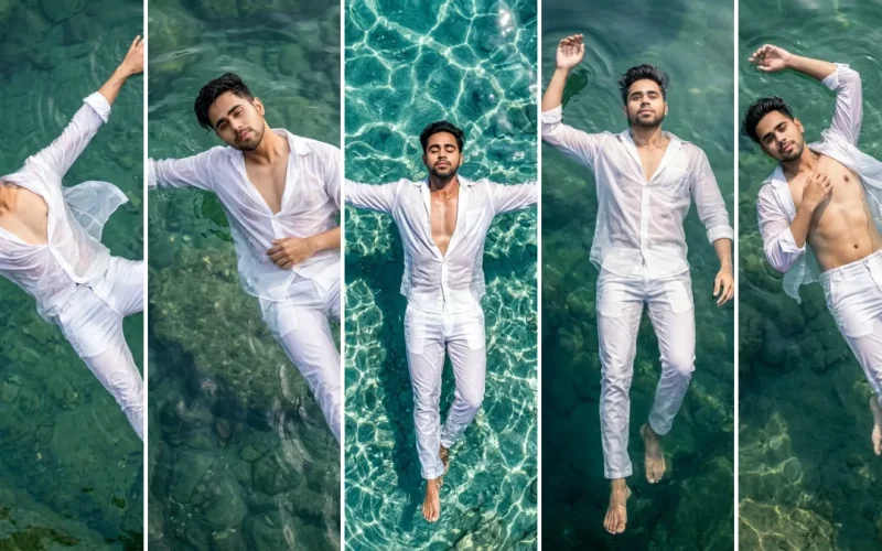A five-panel cinematic collage featuring a young man with short dark hair in an all-white linen shirt and trousers, floating peacefully face-up in clear turquoise ocean water with light refracting ripples, striking varied relaxed poses with arms out or near his chest, illustrating realistic male model AI prompts on All AI Prompt Hub.