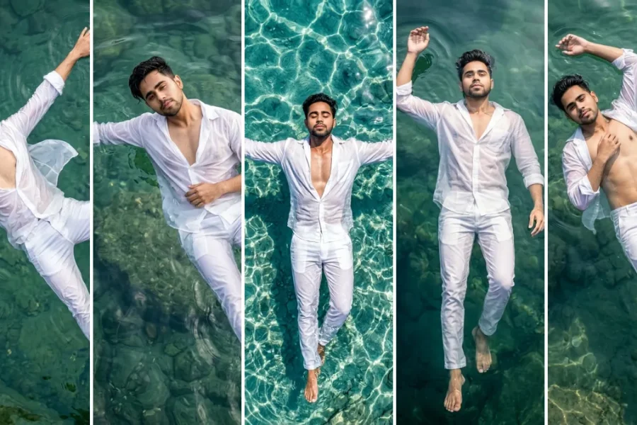 A five-panel cinematic collage featuring a young man with short dark hair in an all-white linen shirt and trousers, floating peacefully face-up in clear turquoise ocean water with light refracting ripples, striking varied relaxed poses with arms out or near his chest, illustrating realistic male model AI prompts on All AI Prompt Hub.