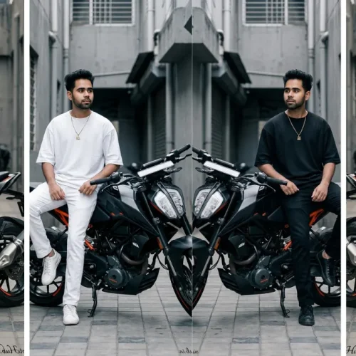 A four-panel image collage showing a young Indian man in various minimalist urban fashion poses, wearing an all-black T-shirt and jeans in one and an all-white T-shirt and jeans in another, sitting and leaning on a grey KTM Duke motorcycle in a concrete urban alleyway, illustrating realistic male model AI prompts on All AI Prompt Hub.
