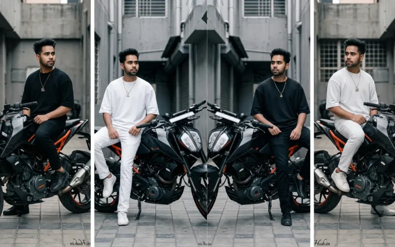 A four-panel image collage showing a young Indian man in various minimalist urban fashion poses, wearing an all-black T-shirt and jeans in one and an all-white T-shirt and jeans in another, sitting and leaning on a grey KTM Duke motorcycle in a concrete urban alleyway, illustrating realistic male model AI prompts on All AI Prompt Hub.