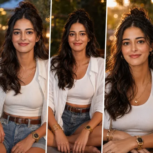 A five-panel cinematic collage featuring realistic AI-generated portraits of model Ananya Panday in a relaxed outdoor cafe setting. She wears a casual yet chic outfit of denim shorts and a white ribbed tank top, layered with an oversized unbuttoned white button-down shirt and a brown leather belt. She is adorned with golden accessories, including a watch and bracelets. Background features include blurred green foliage, wooden tables, and warm, bokeh-filled string fairy lights, illustrating realistic female portrait AI prompts on All AI Prompt Hub