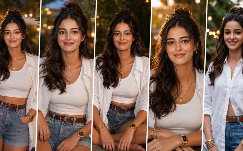 A five-panel cinematic collage featuring realistic AI-generated portraits of model Ananya Panday in a relaxed outdoor cafe setting. She wears a casual yet chic outfit of denim shorts and a white ribbed tank top, layered with an oversized unbuttoned white button-down shirt and a brown leather belt. She is adorned with golden accessories, including a watch and bracelets. Background features include blurred green foliage, wooden tables, and warm, bokeh-filled string fairy lights, illustrating realistic female portrait AI prompts on All AI Prompt Hub