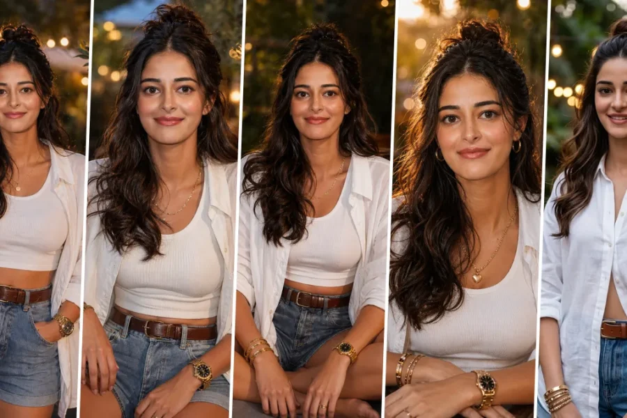 A five-panel cinematic collage featuring realistic AI-generated portraits of model Ananya Panday in a relaxed outdoor cafe setting. She wears a casual yet chic outfit of denim shorts and a white ribbed tank top, layered with an oversized unbuttoned white button-down shirt and a brown leather belt. She is adorned with golden accessories, including a watch and bracelets. Background features include blurred green foliage, wooden tables, and warm, bokeh-filled string fairy lights, illustrating realistic female portrait AI prompts on All AI Prompt Hub