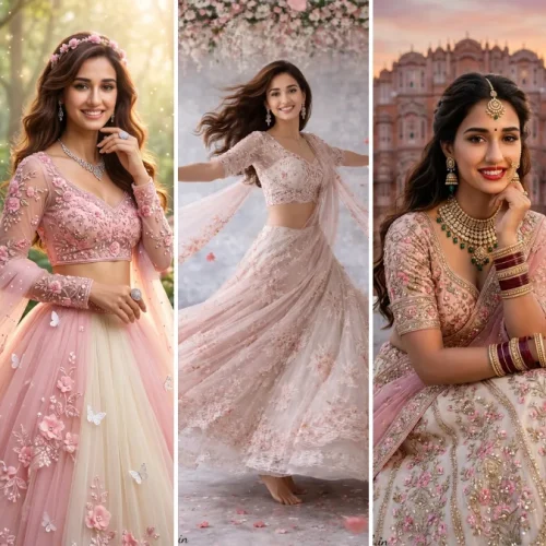 A five-panel cinematic collage featuring realistic AI-generated portraits of model Disha Patani in various traditional Indian bridal and festive lehengas. The panels include grey, pink, off-white, and dark navy blue lehengas with intricate embroidery, diamond jewelry, and diverse settings like a wedding altar, a palace courtyard, and the Hawa Mahal at sunset. This collage illustrates realistic female Indian fashion AI prompts on All AI Prompt Hub.