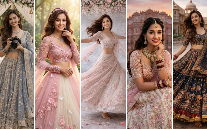 A five-panel cinematic collage featuring realistic AI-generated portraits of model Disha Patani in various traditional Indian bridal and festive lehengas. The panels include grey, pink, off-white, and dark navy blue lehengas with intricate embroidery, diamond jewelry, and diverse settings like a wedding altar, a palace courtyard, and the Hawa Mahal at sunset. This collage illustrates realistic female Indian fashion AI prompts on All AI Prompt Hub.