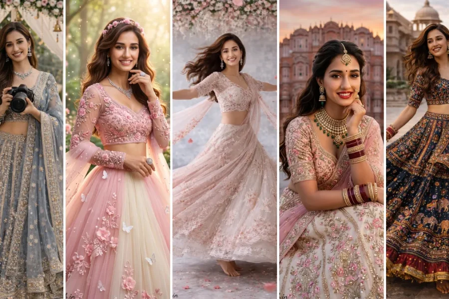 A five-panel cinematic collage featuring realistic AI-generated portraits of model Disha Patani in various traditional Indian bridal and festive lehengas. The panels include grey, pink, off-white, and dark navy blue lehengas with intricate embroidery, diamond jewelry, and diverse settings like a wedding altar, a palace courtyard, and the Hawa Mahal at sunset. This collage illustrates realistic female Indian fashion AI prompts on All AI Prompt Hub.