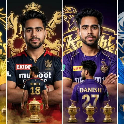 A four-panel cinematic collage featuring a young male cricketer named Danish and Virat Kohli wearing various realistic IPL jerseys from the Chennai Super Kings (CSK), Royal Challengers Bangalore (RCB), Kolkata Knight Riders (KKR), and Mumbai Indians (MI), striking confident poses with team logos, sponsor badges (Exide, Gulf, Lux), trophy silhouettes, and large team crests, illustrating sports fashion AI prompts on All AI Prompt Hub