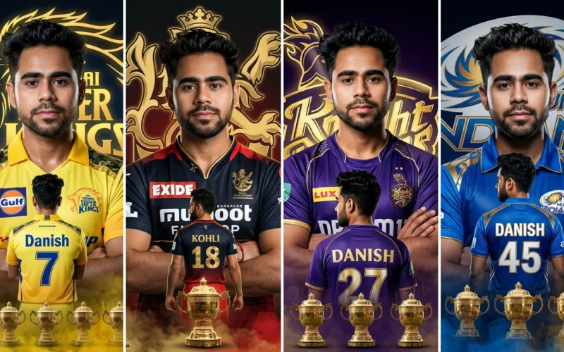 A four-panel cinematic collage featuring a young male cricketer named Danish and Virat Kohli wearing various realistic IPL jerseys from the Chennai Super Kings (CSK), Royal Challengers Bangalore (RCB), Kolkata Knight Riders (KKR), and Mumbai Indians (MI), striking confident poses with team logos, sponsor badges (Exide, Gulf, Lux), trophy silhouettes, and large team crests, illustrating sports fashion AI prompts on All AI Prompt Hub