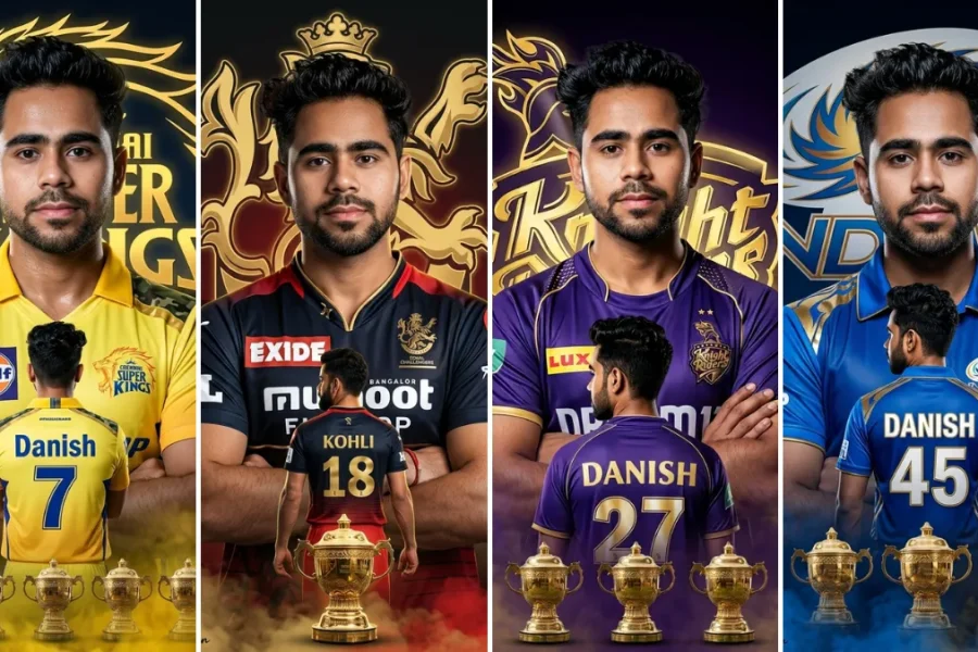 A four-panel cinematic collage featuring a young male cricketer named Danish and Virat Kohli wearing various realistic IPL jerseys from the Chennai Super Kings (CSK), Royal Challengers Bangalore (RCB), Kolkata Knight Riders (KKR), and Mumbai Indians (MI), striking confident poses with team logos, sponsor badges (Exide, Gulf, Lux), trophy silhouettes, and large team crests, illustrating sports fashion AI prompts on All AI Prompt Hub