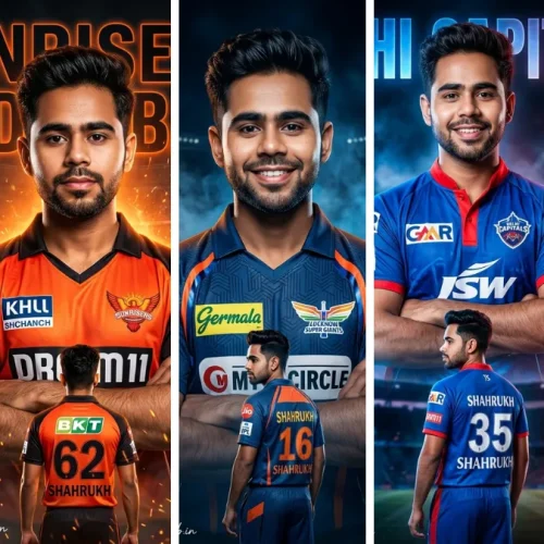 A five-panel cinematic collage featuring a young male cricketer named Shahrukh wearing various realistic IPL jerseys from the Gujarat Titans, Sunrisers Hyderabad, Lucknow Super Giants, Delhi Capitals, and Rajasthan Royals, striking confident poses with team logos and sponsor badges (Capri, Dream11, Germala, BKT) in front of large team crests, illustrating sports fashion AI prompts on All AI Prompt Hub.