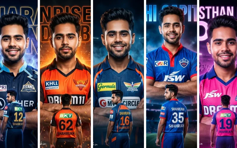 A five-panel cinematic collage featuring a young male cricketer named Shahrukh wearing various realistic IPL jerseys from the Gujarat Titans, Sunrisers Hyderabad, Lucknow Super Giants, Delhi Capitals, and Rajasthan Royals, striking confident poses with team logos and sponsor badges (Capri, Dream11, Germala, BKT) in front of large team crests, illustrating sports fashion AI prompts on All AI Prompt Hub.