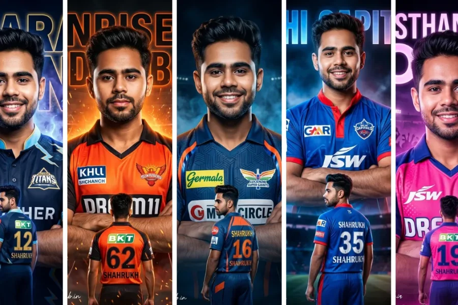 A five-panel cinematic collage featuring a young male cricketer named Shahrukh wearing various realistic IPL jerseys from the Gujarat Titans, Sunrisers Hyderabad, Lucknow Super Giants, Delhi Capitals, and Rajasthan Royals, striking confident poses with team logos and sponsor badges (Capri, Dream11, Germala, BKT) in front of large team crests, illustrating sports fashion AI prompts on All AI Prompt Hub.